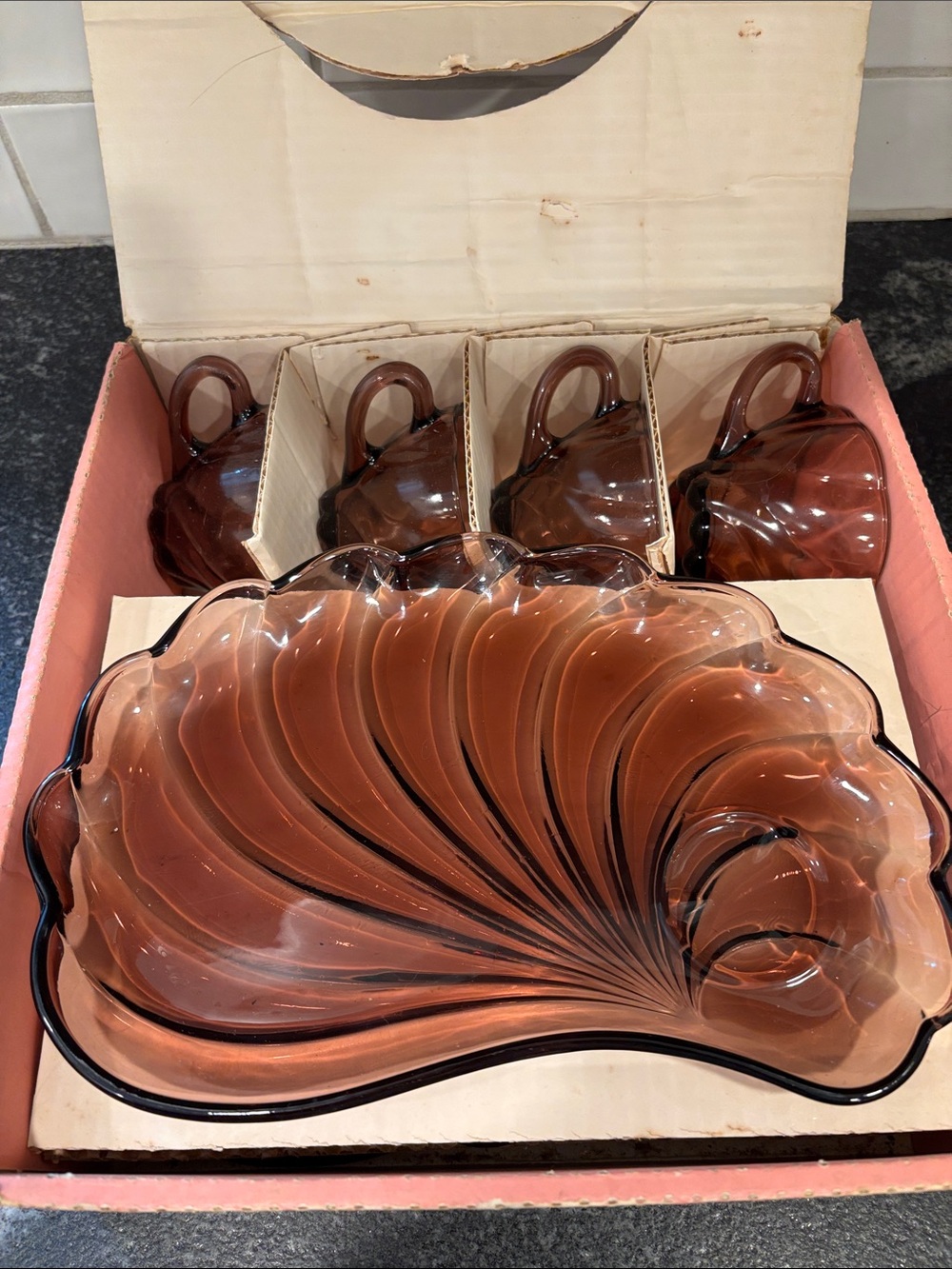Vintage Hazel Atlas Informal Seashell Amethyst Snack Set Original Box